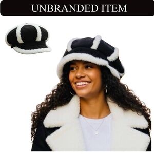 HAT: Black & White Chic Plush-Lined Corduroy Beret, NWOT